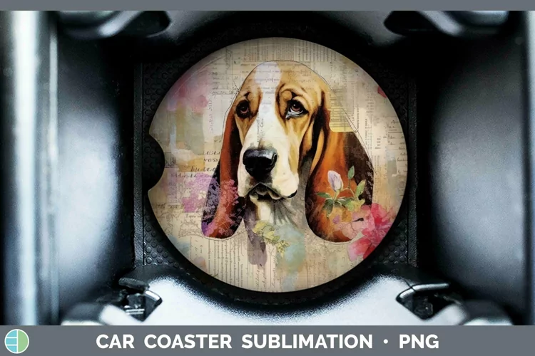 Vintage Decoupage Basset Hound Car Coaster Sublimation Coast