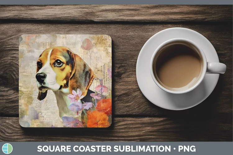 Vintage Decoupage Beagle Square Coaster Sublimation Coaster
