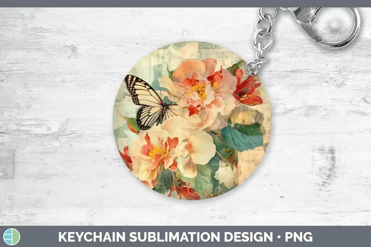 Vintage Decoupage Begonia Keychain Sublimation Keyring Desig