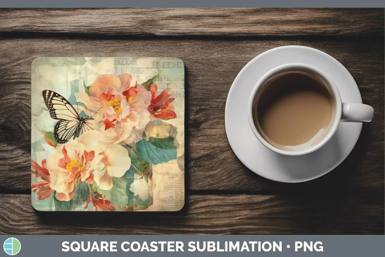 Vintage Decoupage Begonia Square Coaster Sublimation Coaster