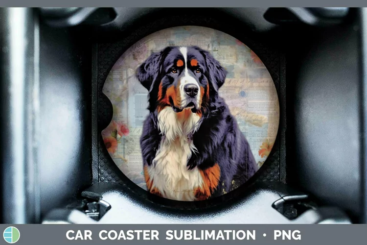 Vintage Decoupage Bermese Mountain Dog Car Coaster Sublimati
