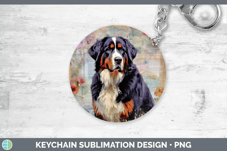Vintage Decoupage Bermese Mountain Dog Keychain Sublimation