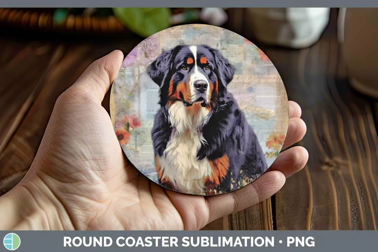 Vintage Decoupage Bermese Mountain Dog Round Coaster Sublima