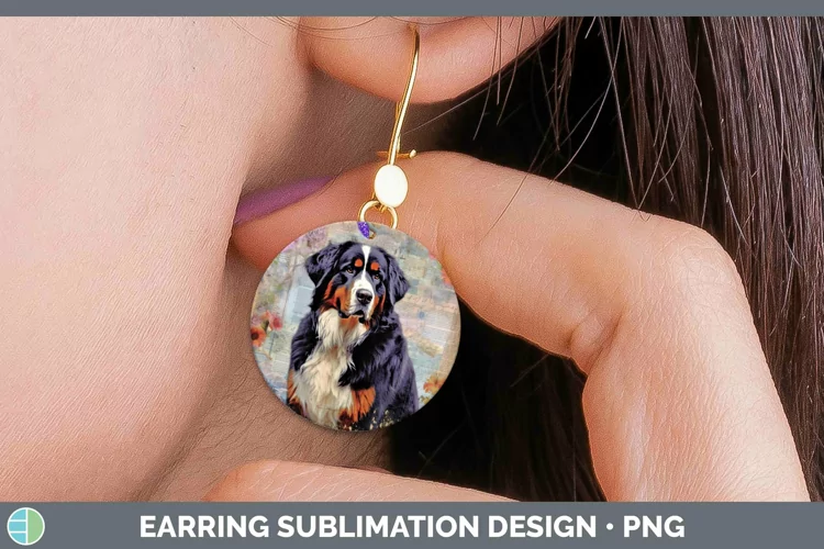 Vintage Decoupage Bermese Mountain Dog Round Earrings Sublim