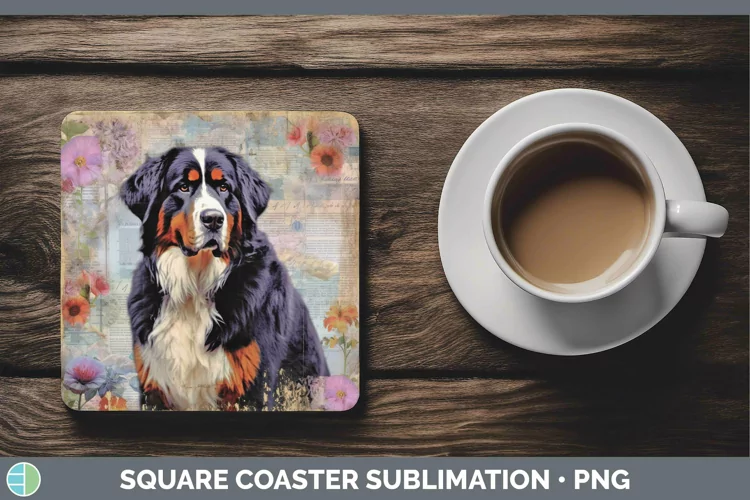 Vintage Decoupage Bermese Mountain Dog Square Coaster Sublim