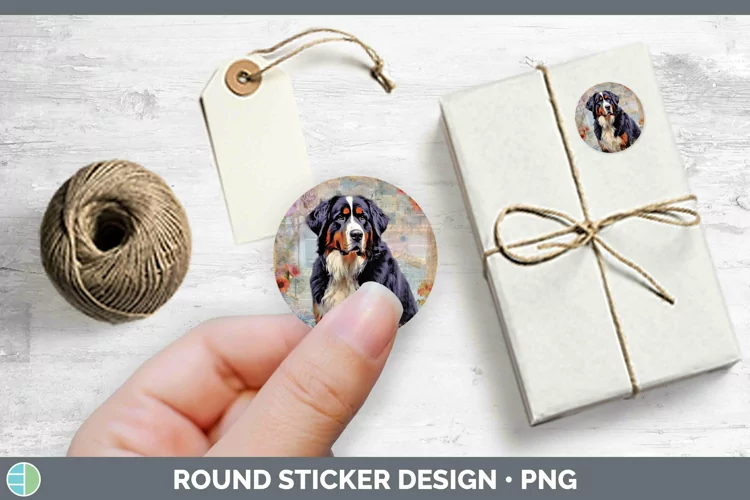 Vintage Decoupage Bermese Mountain Dog Stickers | Round Labe