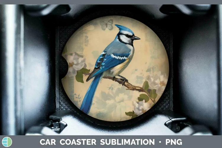 Vintage Decoupage Blue Jay Car Coaster | Sublimation Coaster