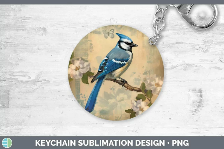 Vintage Decoupage Blue Jay Keychain | Sublimation Keyring De
