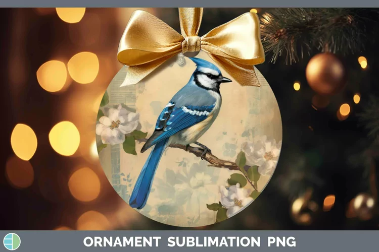 Vintage Decoupage Blue Jay Ornament | Sublimation Bauble Des