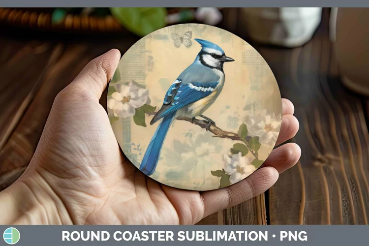Vintage Decoupage Blue Jay Round Coaster | Sublimation Coast
