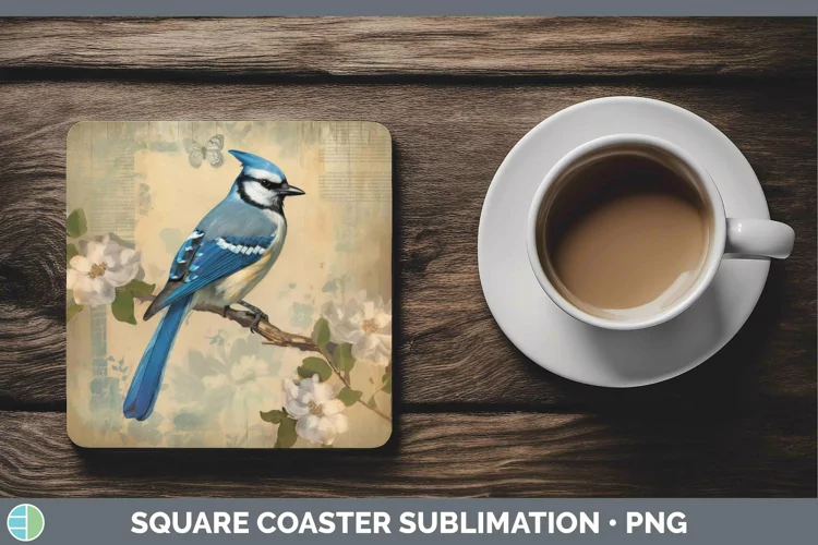 Vintage Decoupage Blue Jay Square Coaster | Sublimation Coas