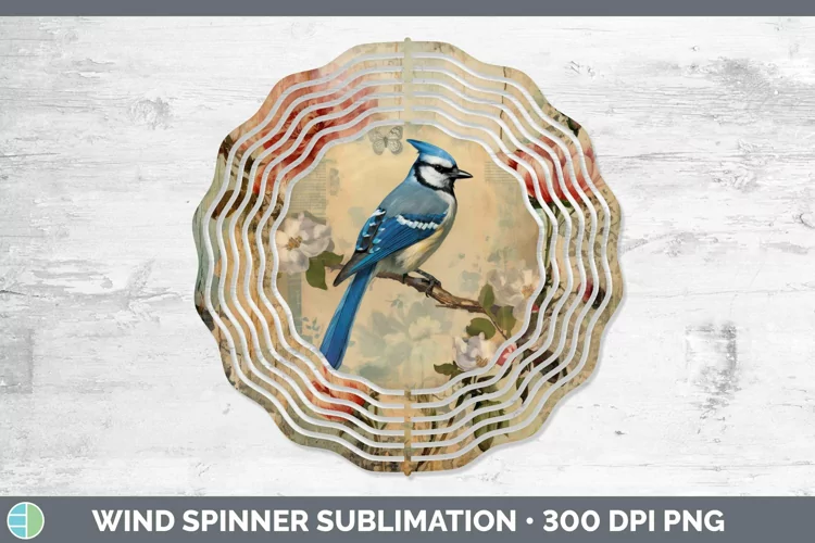 Vintage Decoupage Blue Jay Wind Spinner Sublimation Spinner