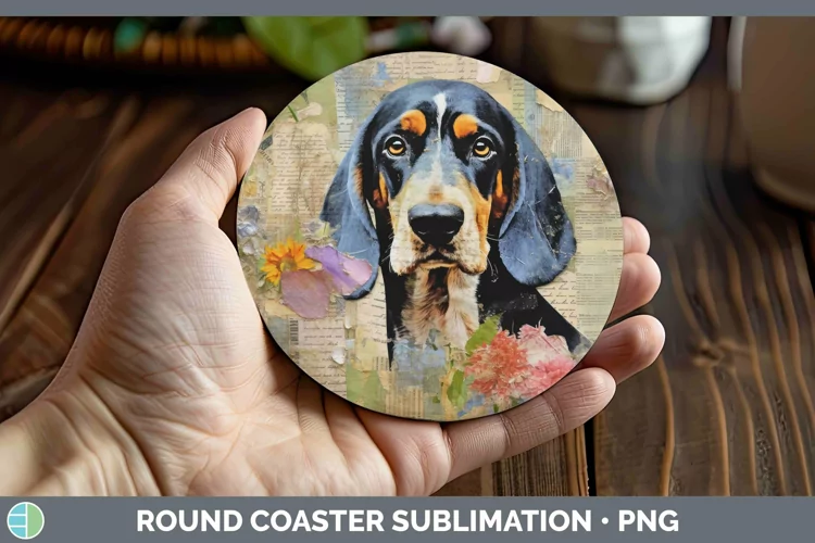 Vintage Decoupage Bluetick Coonhound Round Coaster Sublimati