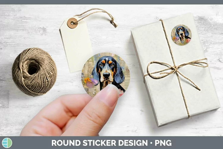Vintage Decoupage Bluetick Coonhound Stickers | Round Labels