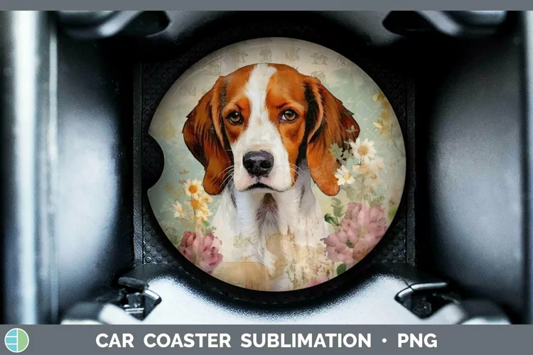 Vintage Decoupage Brittany Dog Car Coaster Sublimation Coast