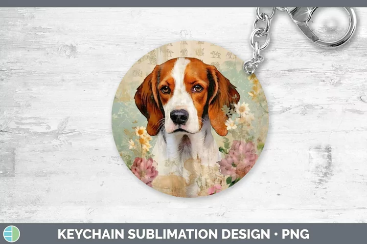 Vintage Decoupage Brittany Dog Keychain Sublimation Keyring