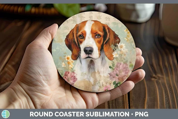 Vintage Decoupage Brittany Dog Round Coaster Sublimation Coa