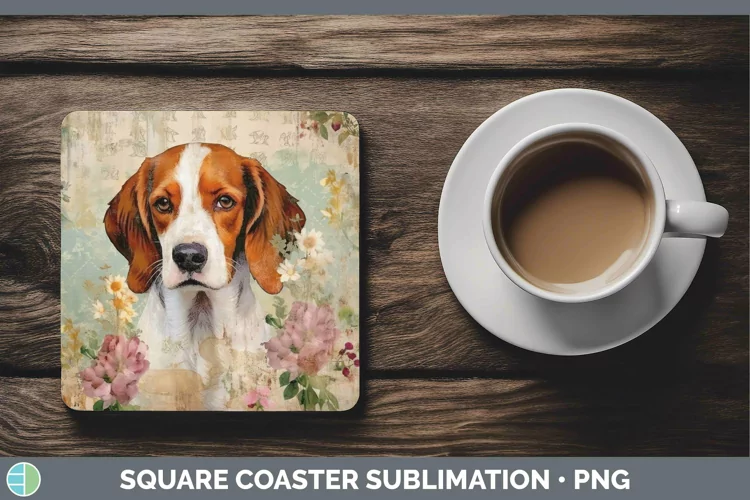 Vintage Decoupage Brittany Dog Square Coaster Sublimation Co