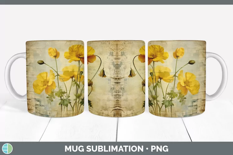 Vintage Decoupage Buttercup Mug Wrap | Sublimation Coffee Cu