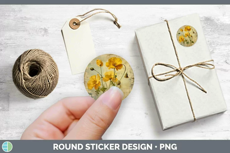 Vintage Decoupage Buttercup Stickers | Round Labels Designs