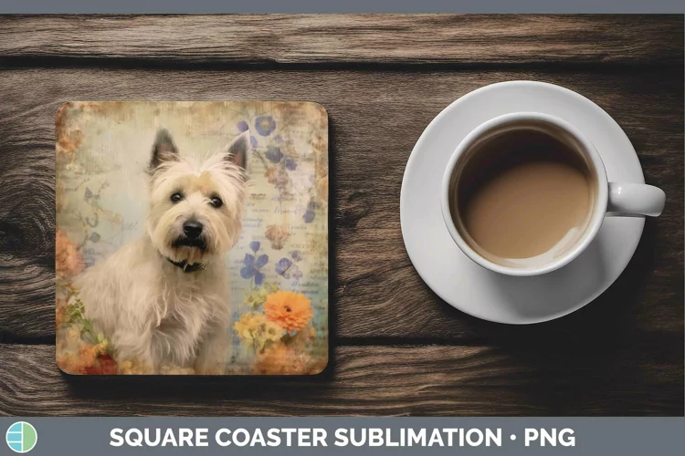 Vintage Decoupage Cairn Terrier Square Coaster Sublimation C