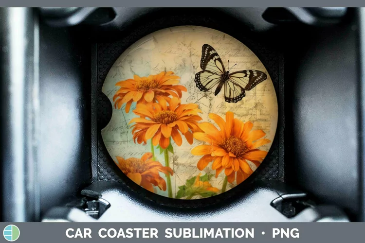 Vintage Decoupage Calendula Car Coaster Sublimation Coaster