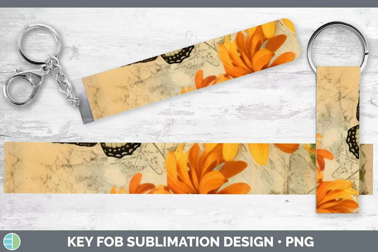 Vintage Decoupage Calendula Key Fob Sublimation Wristlet Des