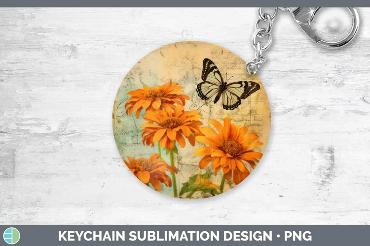 Vintage Decoupage Calendula Keychain Sublimation Keyring Des