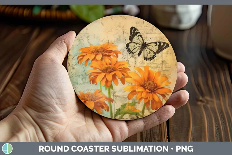 Vintage Decoupage Calendula Round Coaster Sublimation Coaste