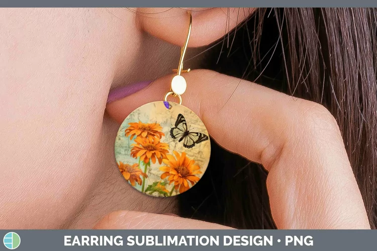 Vintage Decoupage Calendula Round Earrings Sublimation Earri