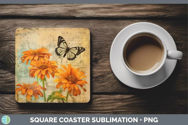 Vintage Decoupage Calendula Square Coaster Sublimation Coast