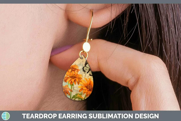 Vintage Decoupage Calendula Teardrop Earrings Sublimation Ea