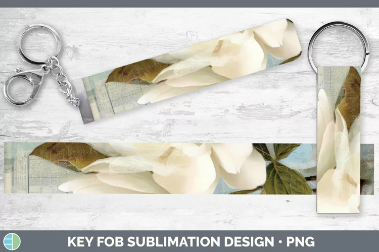 Vintage Decoupage Camellia Key Fob Sublimation Wristlet Desi