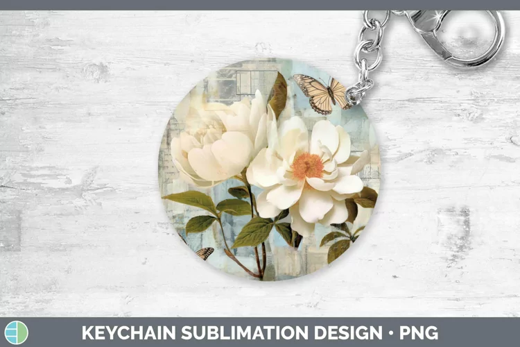 Vintage Decoupage Camellia Keychain Sublimation Keyring Desi