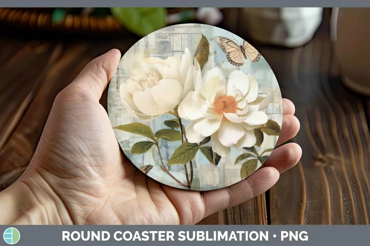 Vintage Decoupage Camellia Round Coaster Sublimation Coaster
