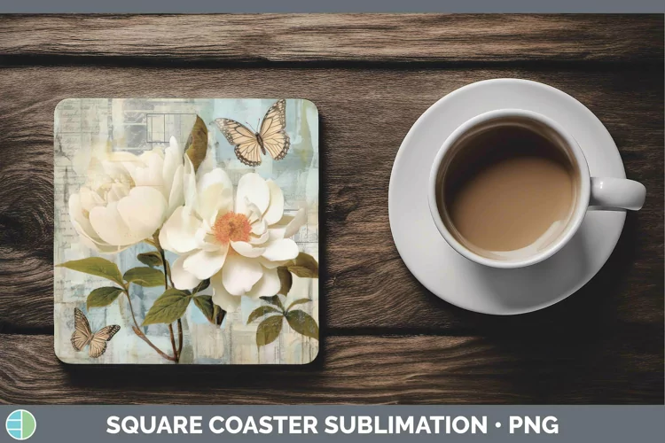 Vintage Decoupage Camellia Square Coaster Sublimation Coaste