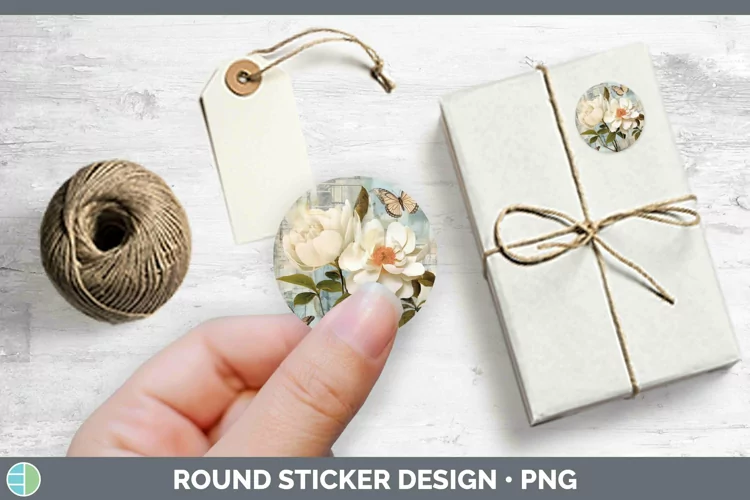 Vintage Decoupage Camellia Stickers | Round Labels Designs