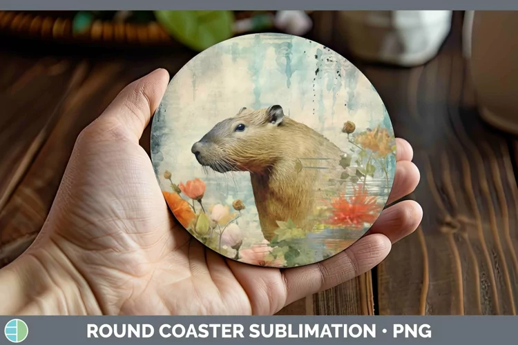 Vintage Decoupage Capybara Round Coaster Sublimation Coaster