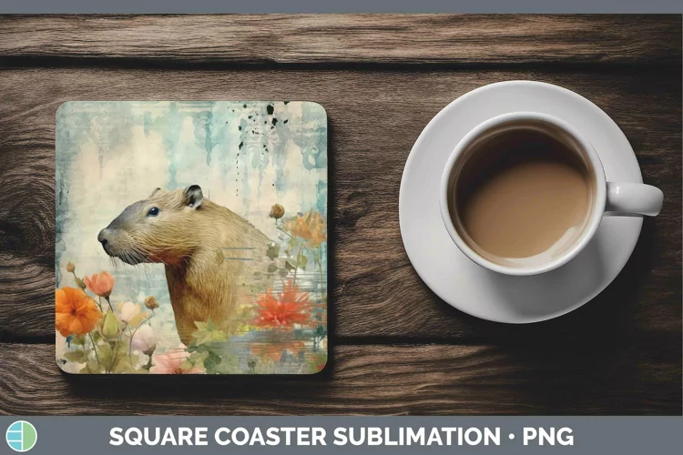 Vintage Decoupage Capybara Square Coaster Sublimation Coaste