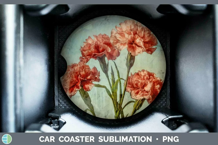 Vintage Decoupage Carnation Car Coaster | Sublimation Coaste