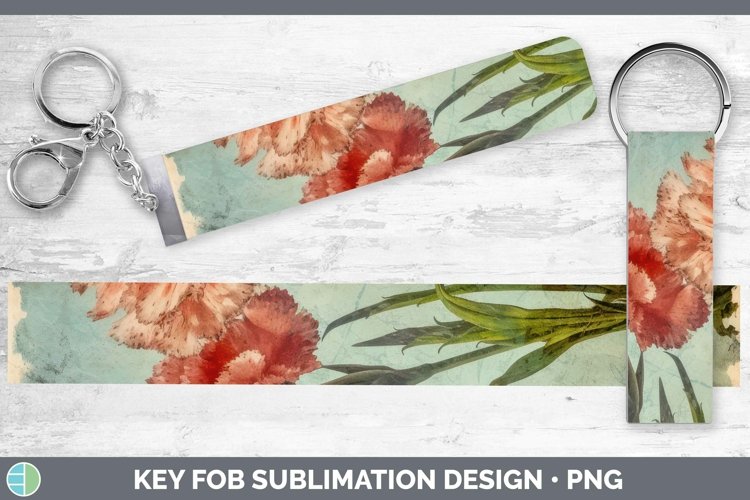 Vintage Decoupage Carnation Key Fob | Sublimation Wristlet D