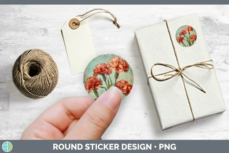 Vintage Decoupage Carnation Stickers | Round Labels Designs