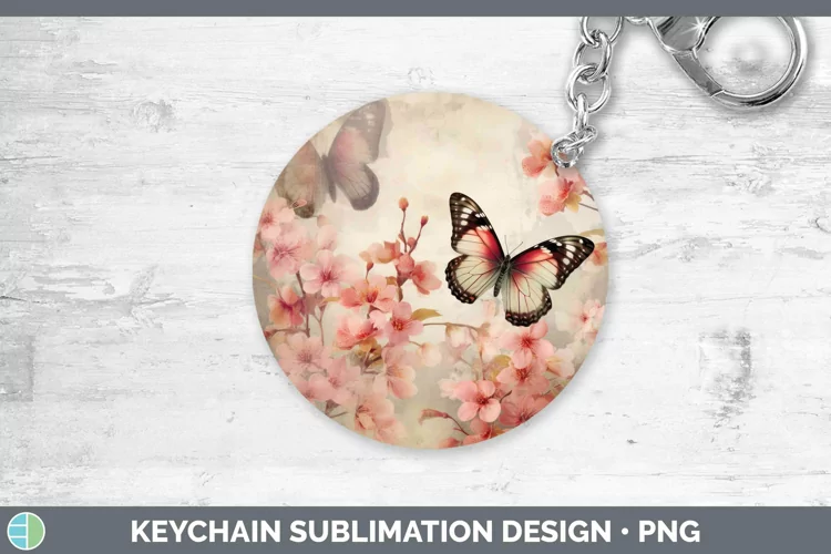 Vintage Decoupage Cherry Blossom Keychain Sublimation Keyrin