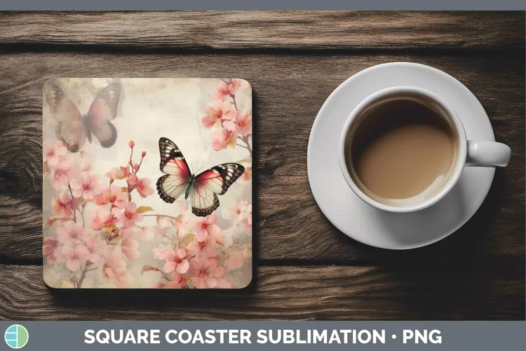 Vintage Decoupage Cherry Blossom Square Coaster Sublimation