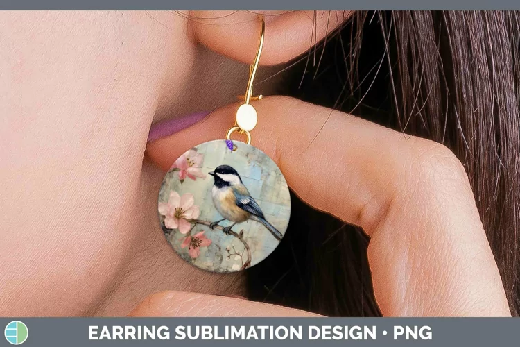 Vintage Decoupage Chickadee Round Earrings | Sublimation Ear