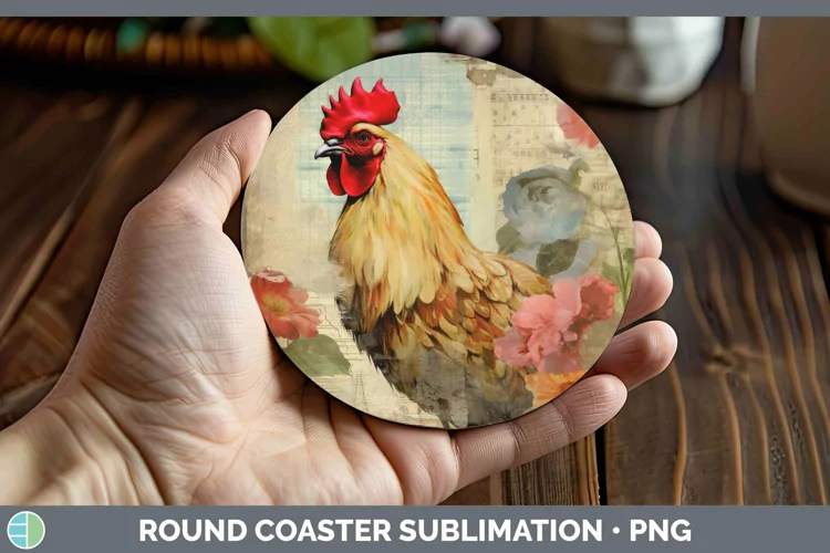 Vintage Decoupage Chicken Round Coaster Sublimation Coaster
