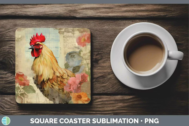 Vintage Decoupage Chicken Square Coaster Sublimation Coaster