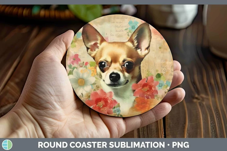 Vintage Decoupage Chihuahua Round Coaster Sublimation Coaste