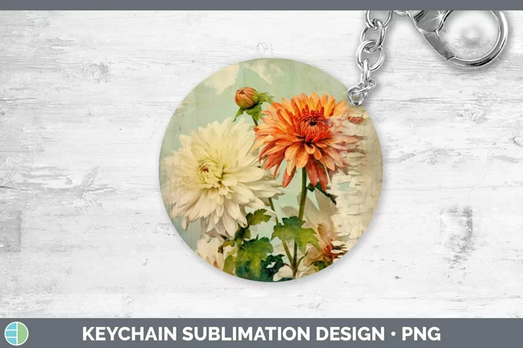 Vintage Decoupage Chrysanthemum Keychain | Sublimation Keyri