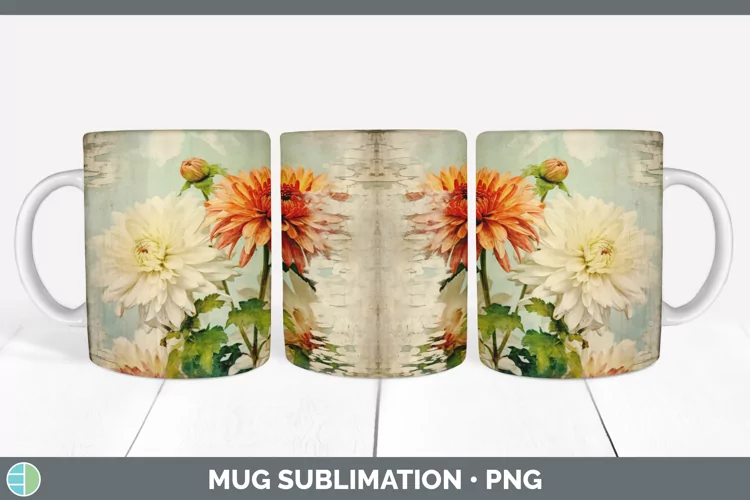 Vintage Decoupage Chrysanthemum Mug Wrap | Sublimation Coffe